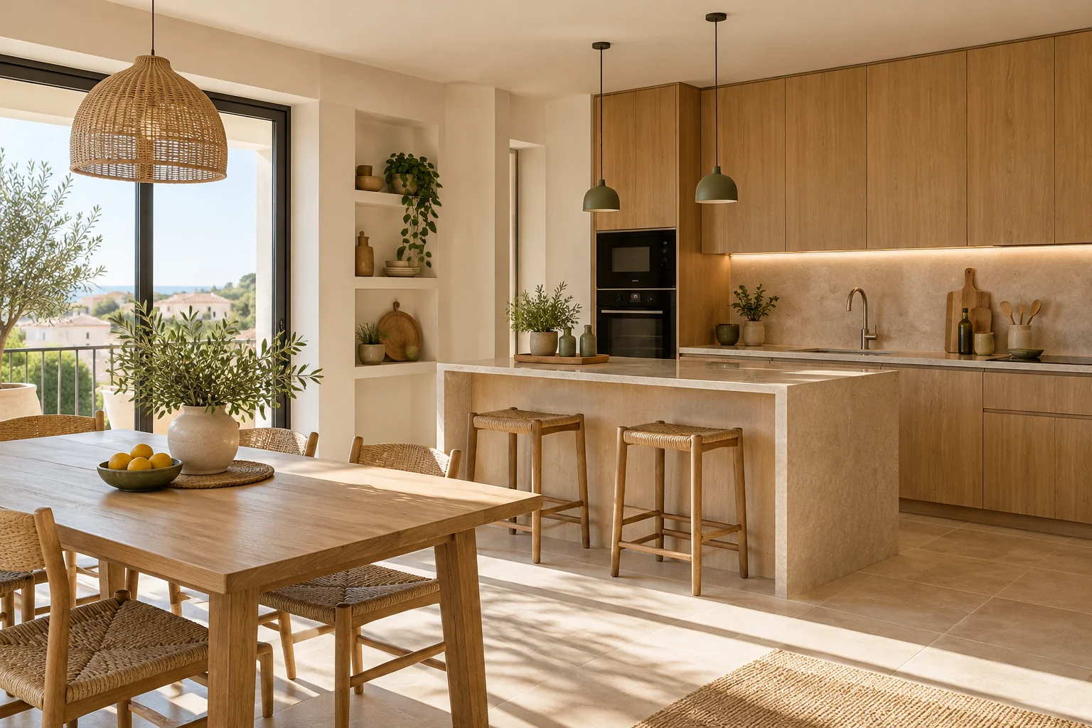 Cocina luminosa con acabados de madera y tonos naturales, imagen ilustrativa de un espacio renovado